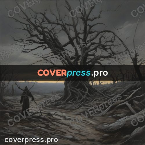 Epic fantasy illustration: dry forest with a lone figure
