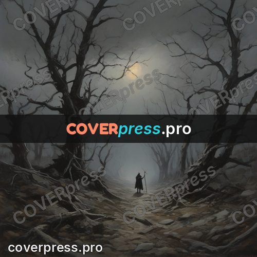 Epic fantasy illustration: dry forest with a lone figure
