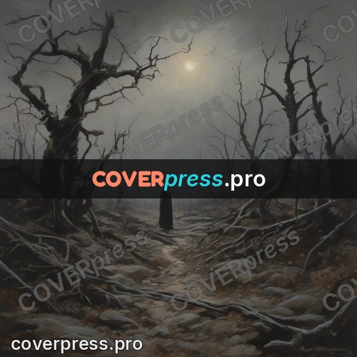 Epic fantasy illustration: dry forest with a lone figure