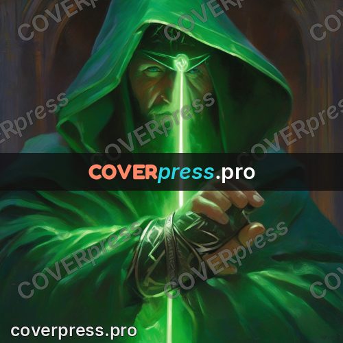 Epic fantasy illustration: hooded mage with a green glow