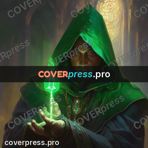 Epic fantasy illustration: hooded mage with a green glow