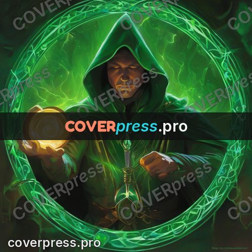Epic fantasy illustration: hooded mage with a green glow