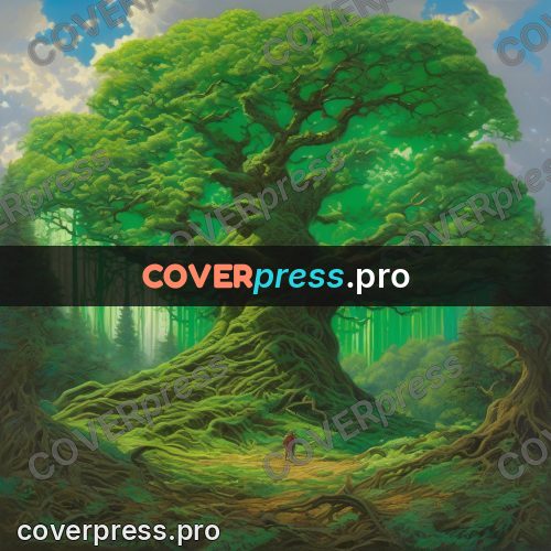 Epic fantasy illustration: giant tree in a green forest