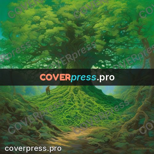 Epic fantasy illustration: giant tree in a green forest