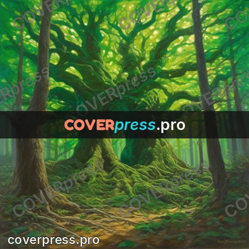 Epic fantasy illustration: giant tree in a green forest