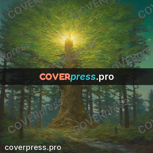 Epic fantasy illustration: glowing tree under the stars