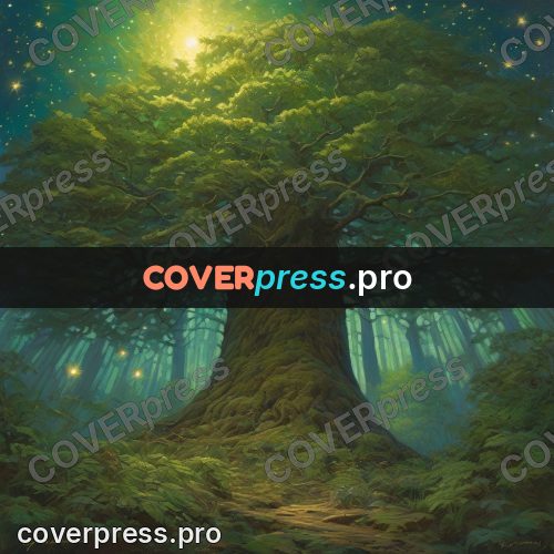 Epic fantasy illustration: glowing tree under the stars
