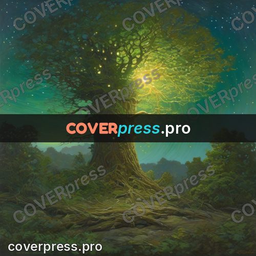 Epic fantasy illustration: glowing tree under the stars