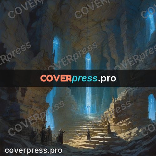 Epic fantasy illustration: underground city in blue light