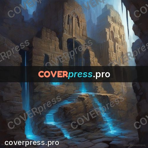 Epic fantasy illustration: underground city in blue light