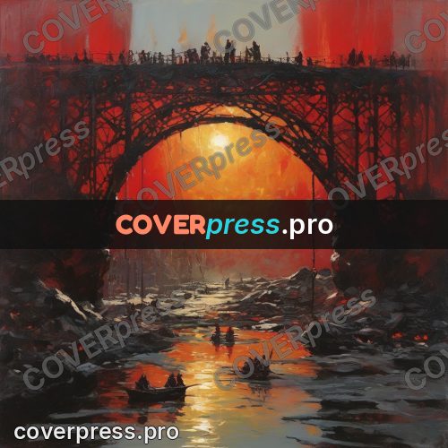 Epic fantasy illustration: bridge over a river of fire