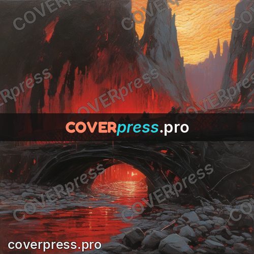 Epic fantasy illustration: bridge over a river of fire