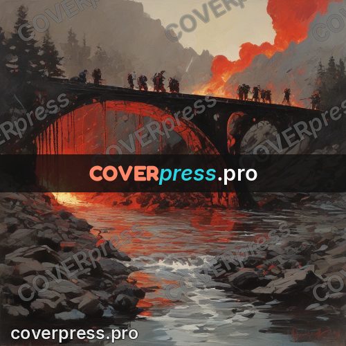 Epic fantasy illustration: bridge over a river of fire