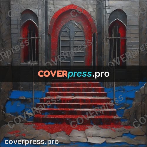 Epic fantasy illustration: gates in red and blue