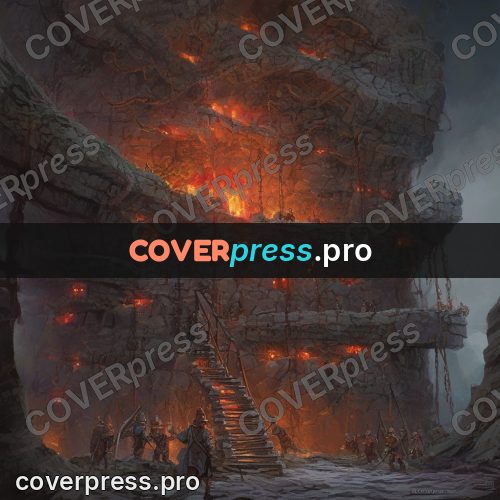 Epic fantasy illustration: spiral staircase above fire
