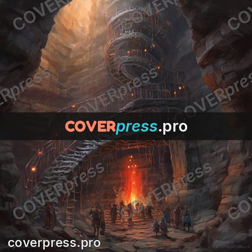 Epic fantasy illustration: spiral staircase above fire