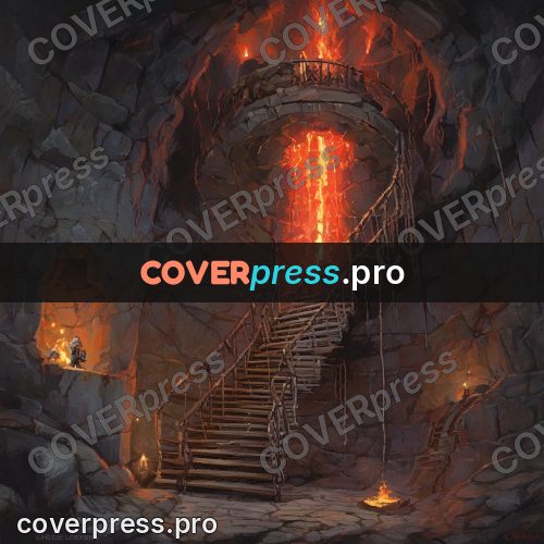 Epic fantasy illustration: spiral staircase above fire