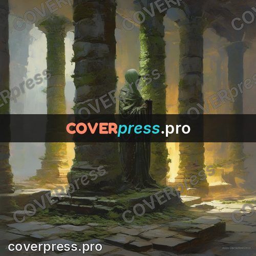 Epic fantasy illustration: mossy columns in a ruin