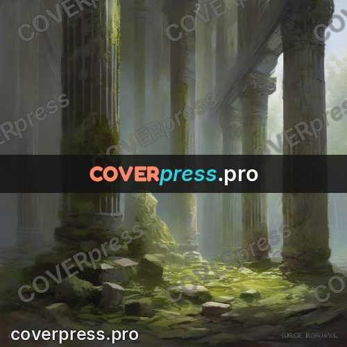Epic fantasy illustration: mossy columns in a ruin