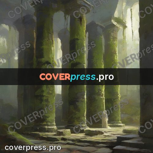 Epic fantasy illustration: mossy columns in a ruin