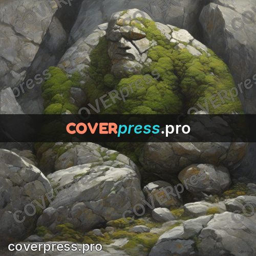 Epic fantasy illustration: mossy boulder among stones