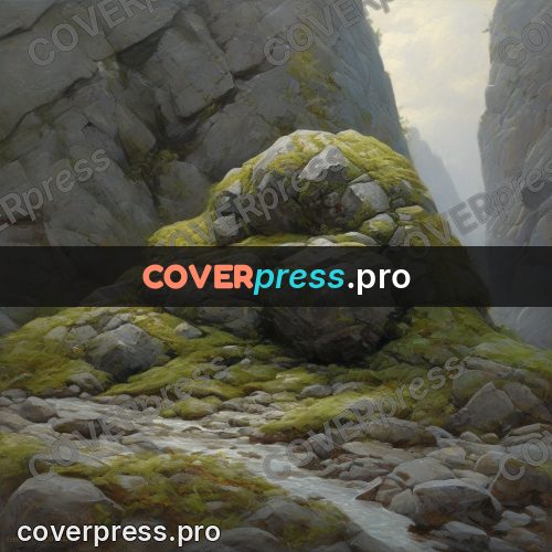 Epic fantasy illustration: mossy boulder among stones