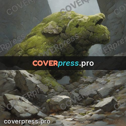 Epic fantasy illustration: mossy boulder among stones