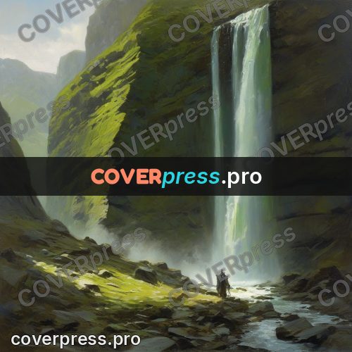 Epic fantasy illustration: waterfall in a green gorge