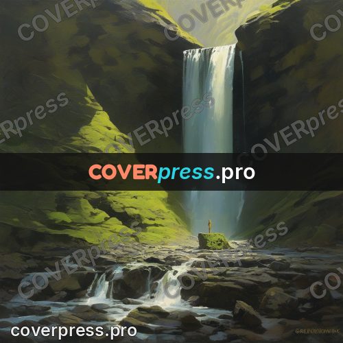 Epic fantasy illustration: waterfall in a green gorge