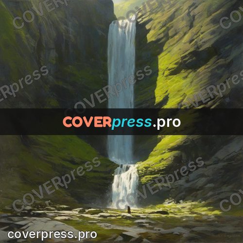 Epic fantasy illustration: waterfall in a green gorge