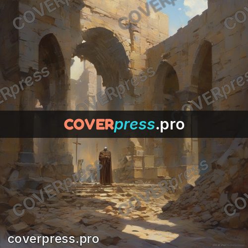 Epic fantasy illustration: ruined hall with arches