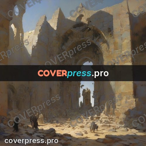 Epic fantasy illustration: ruined hall with arches