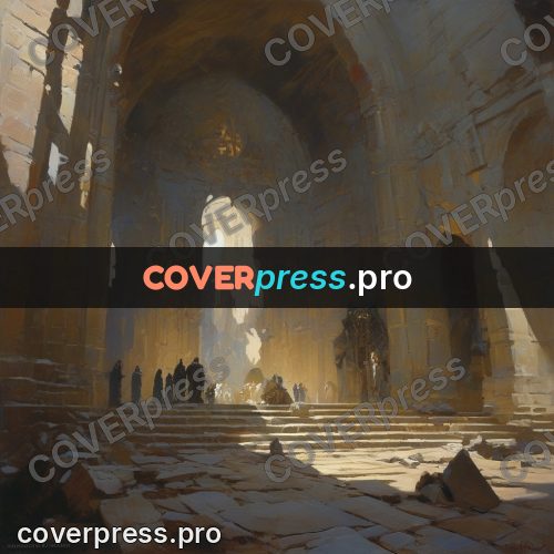 Epic fantasy illustration: ruined hall with arches