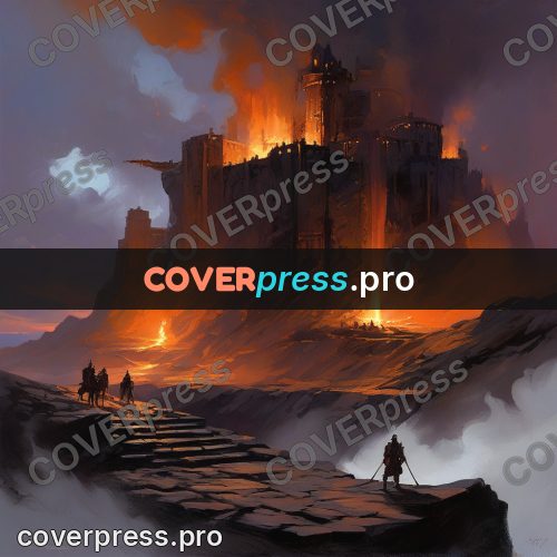 Epic fantasy illustration: fortress above a fiery chasm
