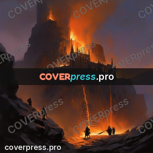 Epic fantasy illustration: fortress above a fiery chasm