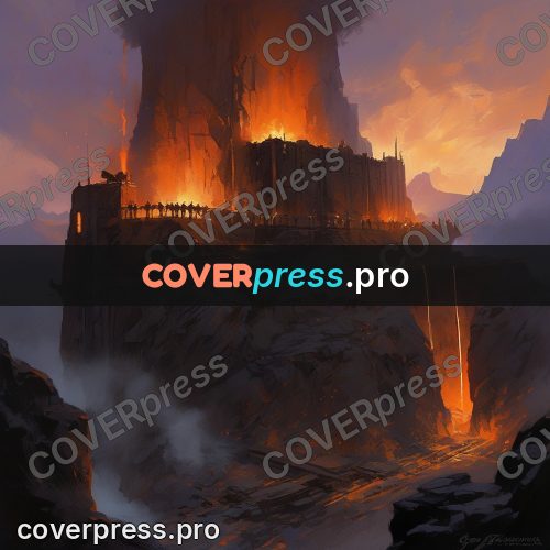 Epic fantasy illustration: fortress above a fiery chasm