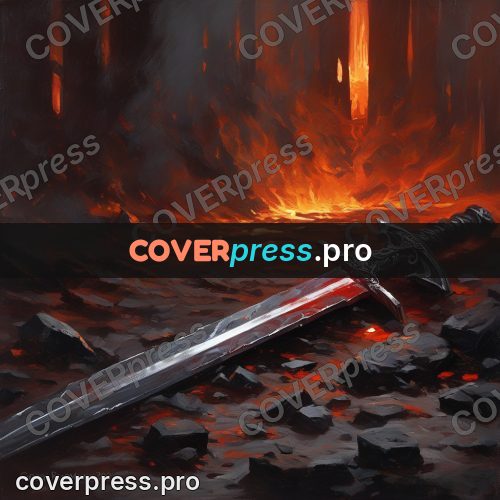 Epic fantasy illustration: sword on burning stones