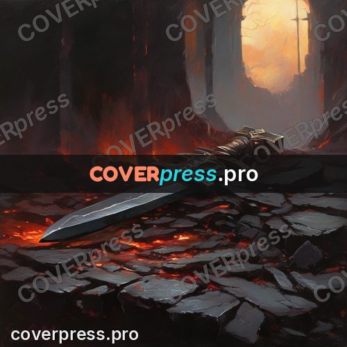 Epic fantasy illustration: sword on burning stones