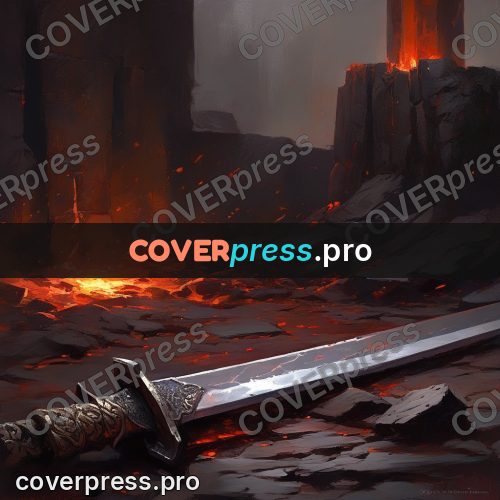 Epic fantasy illustration: sword on burning stones