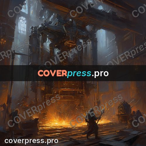Epic fantasy illustration: forge with a huge mechanism