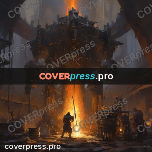 Epic fantasy illustration: forge with a huge mechanism
