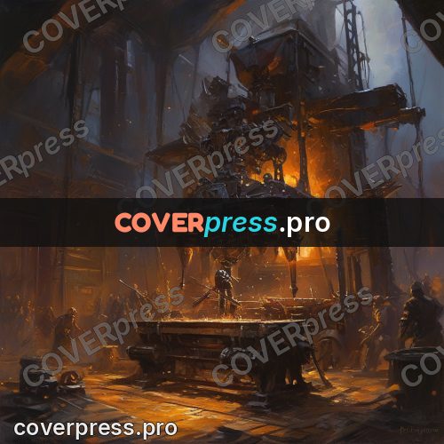 Epic fantasy illustration: forge with a huge mechanism