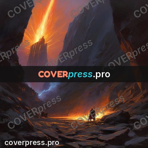 Epic fantasy illustration: stream of fire in a gorge