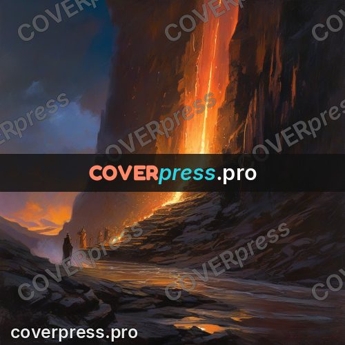 Epic fantasy illustration: stream of fire in a gorge