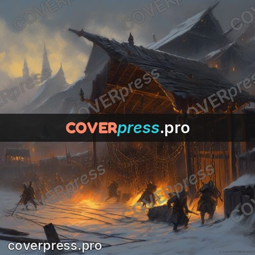 Epic fantasy illustration: burning village in the snow
