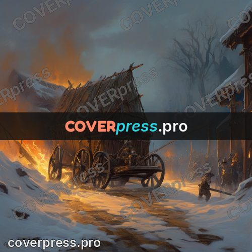 Epic fantasy illustration: burning village in the snow