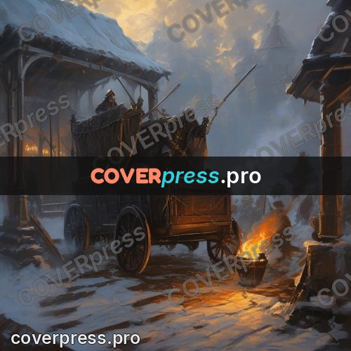 Epic fantasy illustration: burning village in the snow