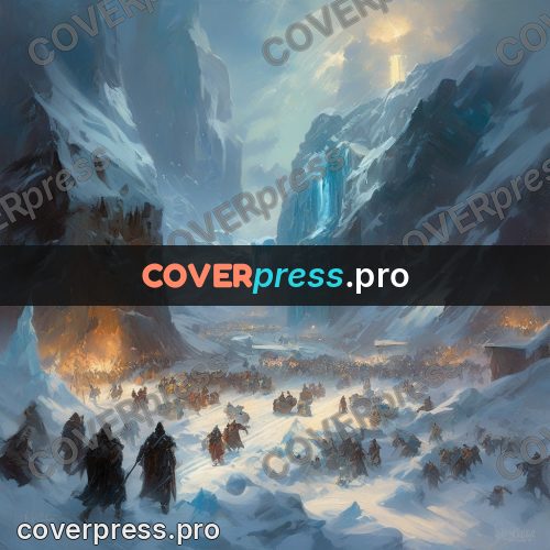 Epic fantasy illustration: crowd by an ice wall