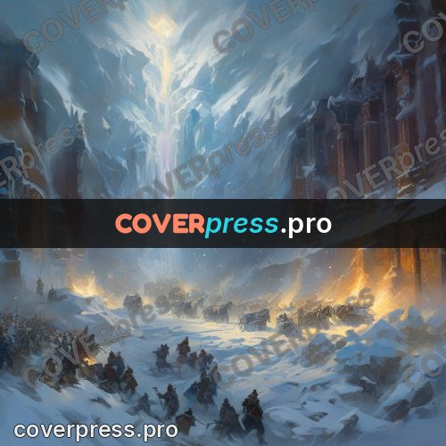 Epic fantasy illustration: crowd by an ice wall
