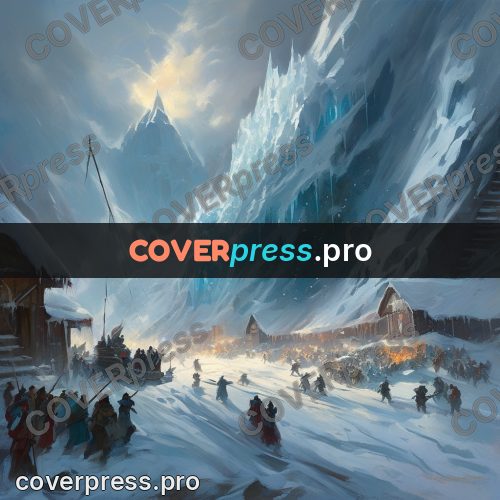 Epic fantasy illustration: crowd by an ice wall